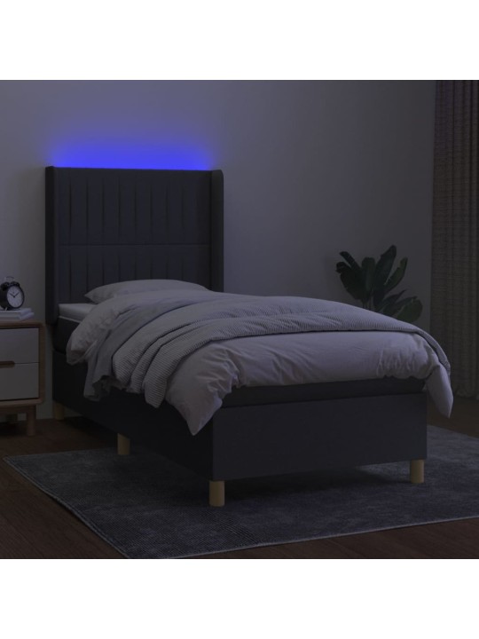 Atsperu gulta ar matraci, LED, tumši pelēks audums, 100x200 cm