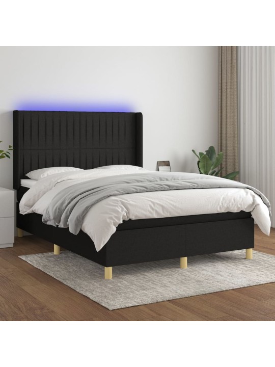 Atsperu gulta ar matraci, LED, melns audums, 140x190 cm