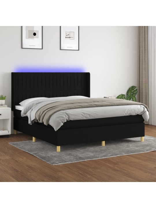 Atsperu gulta ar matraci, LED, melns audums, 160x200 cm