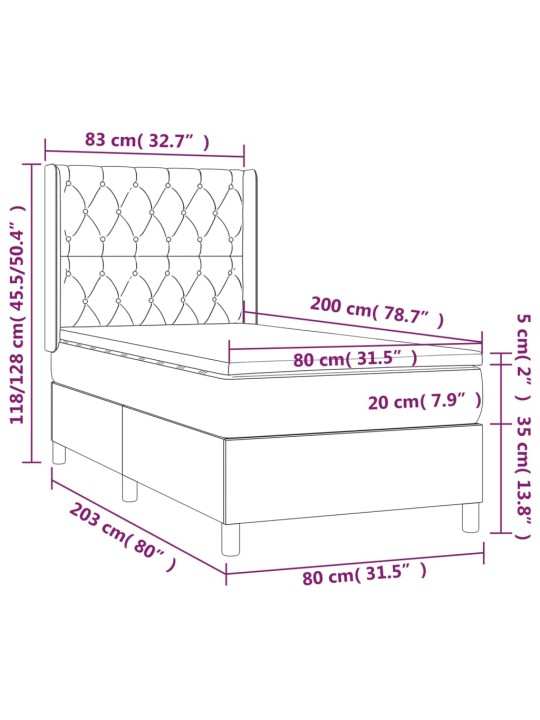 Atsperu gulta ar matraci, LED, melns audums, 80x200 cm