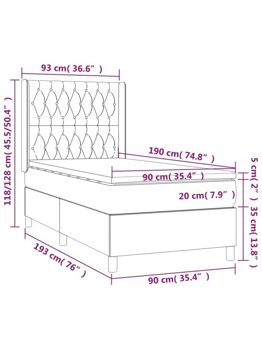 Atsperu gulta ar matraci, LED, melns audums, 90x190 cm