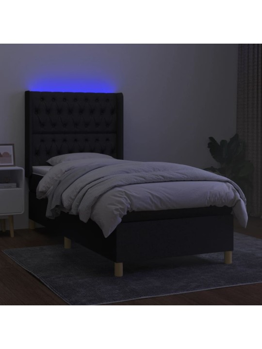 Atsperu gulta ar matraci, led, melns audums, 100x200 cm
