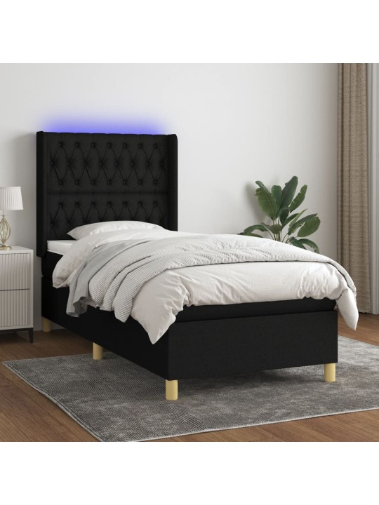 Atsperu gulta ar matraci, led, melns audums, 100x200 cm