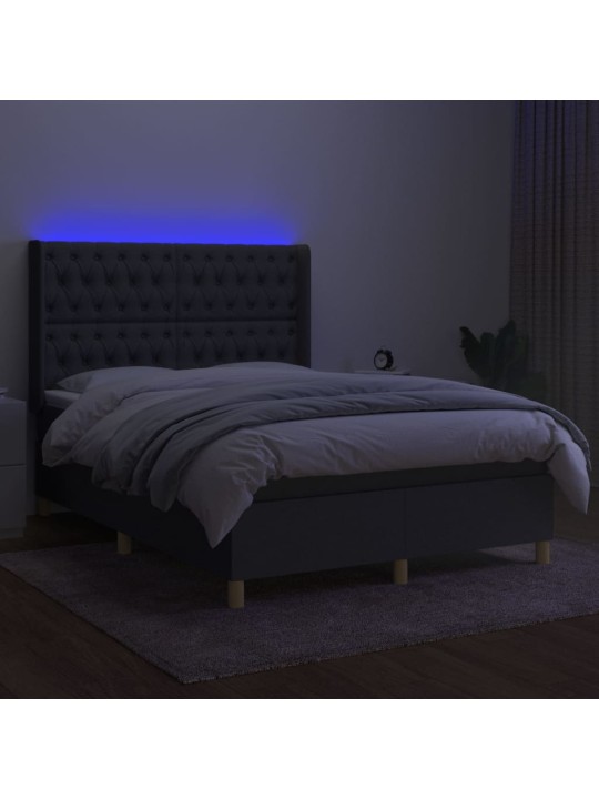 Atsperu gulta ar matraci, LED, tumši pelēks audums, 140x190 cm