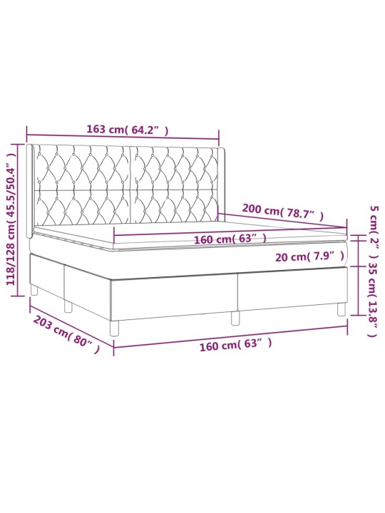 Atsperu gulta ar matraci, LED, melns audums, 160x200 cm