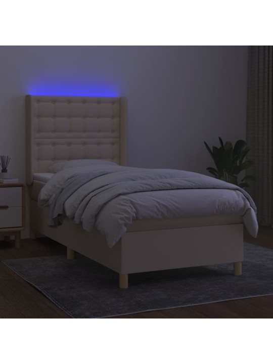 Atsperu gulta ar matraci, led, krēmkrāsas audums, 90x200 cm