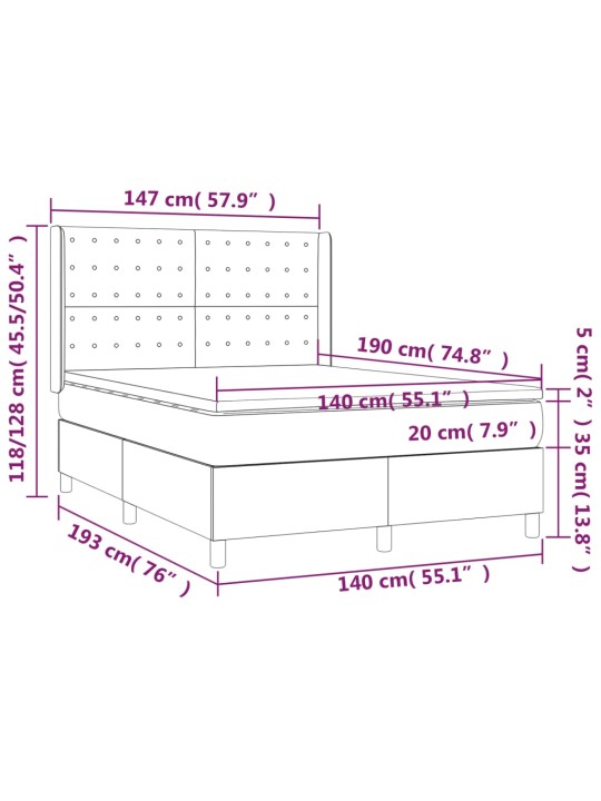 Atsperu gulta ar matraci, LED, melns audums, 140x190 cm