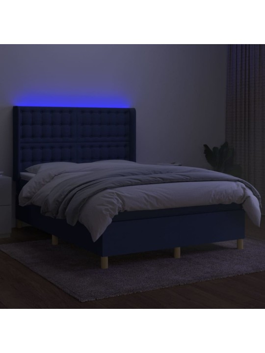 Atsperu gulta ar matraci, LED, zils audums, 140x190 cm