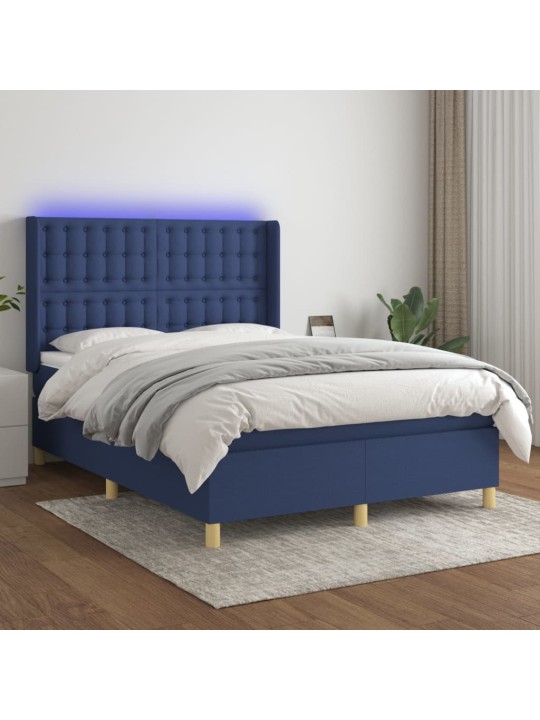 Atsperu gulta ar matraci, LED, zils audums, 140x190 cm