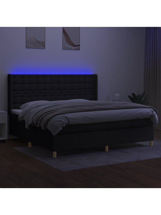 Atsperu gulta ar matraci, LED, melns audums, 200x200 cm
