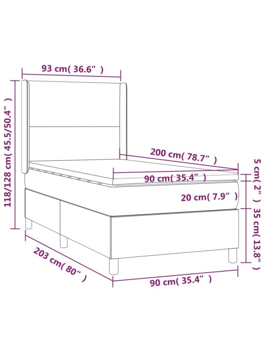 Atsperu gulta ar matraci, led, balta, 90x200 cm, mākslīgā āda