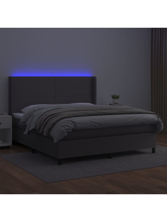 Atsperu gulta ar matraci, LED, pelēka, 180x200 cm, mākslīgā āda
