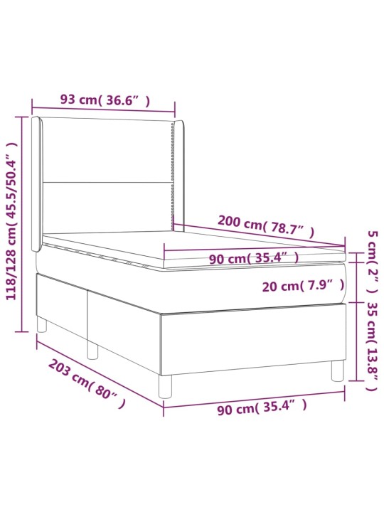 Atsperu gulta ar matraci, led, balta, 90x200 cm, mākslīgā āda