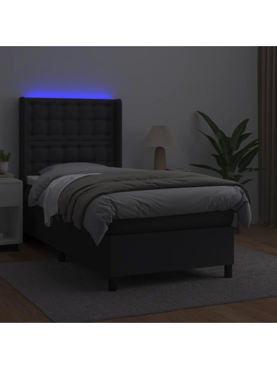Atsperu gulta ar matraci, led, melna, 80x200 cm, mākslīgā āda