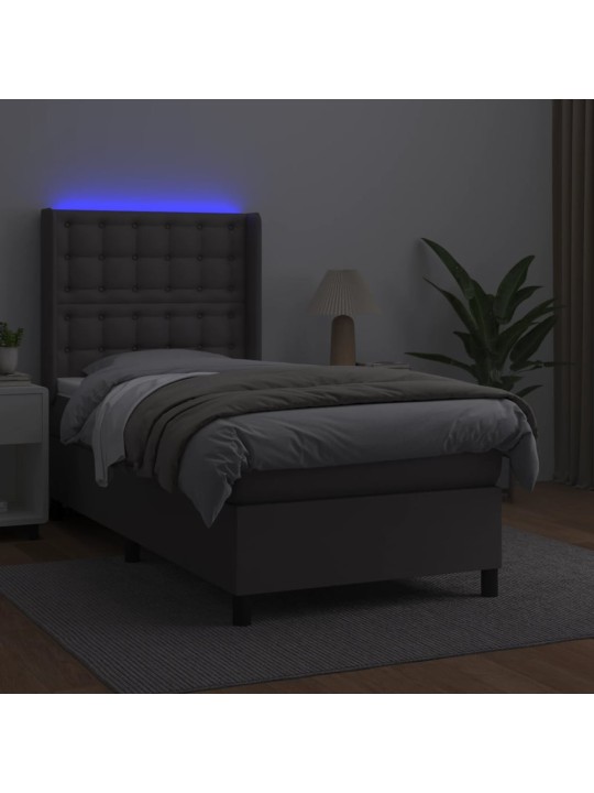 Atsperu gulta ar matraci, LED, pelēka, 90x200 cm, mākslīgā āda