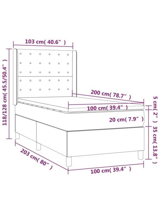 Atsperu gulta ar matraci, led, balta, 100x200 cm, mākslīgā āda