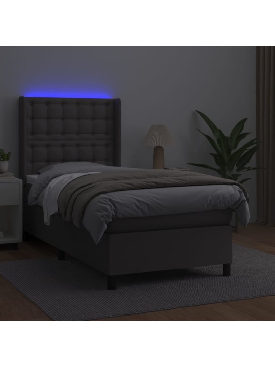 Atsperu gulta ar matraci, LED, pelēka, 100x200 cm, mākslīgā āda