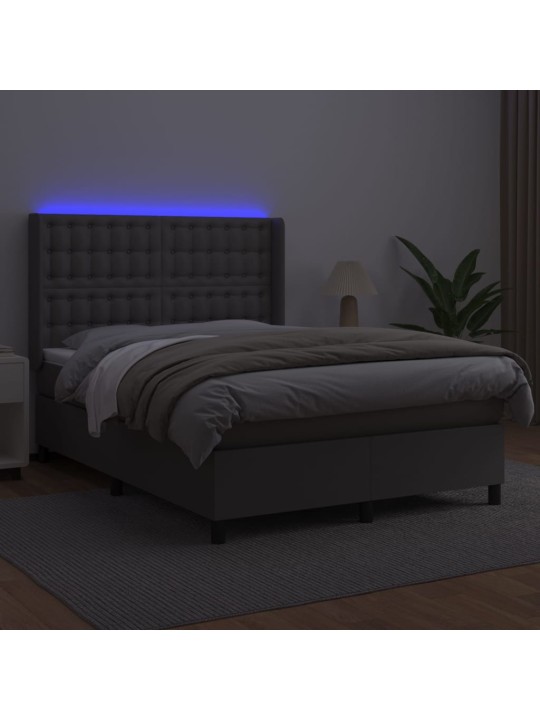 Atsperu gulta ar matraci, LED, pelēka, 140x190 cm, mākslīgā āda