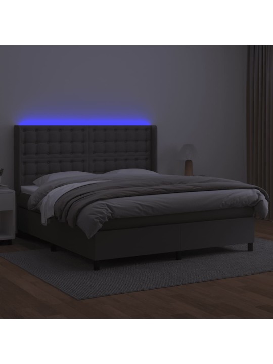Atsperu gulta ar matraci, LED, pelēka, 180x200 cm, mākslīgā āda