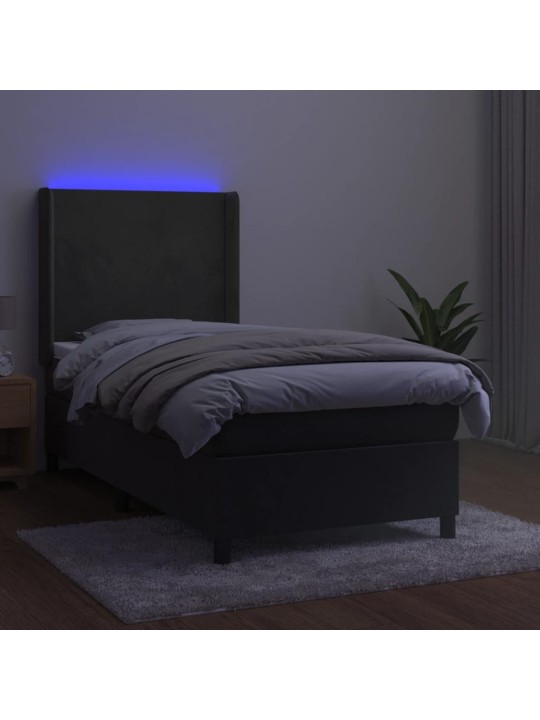 Atsperu gulta ar matraci, LED, tumši pelēks samts, 100x200 cm