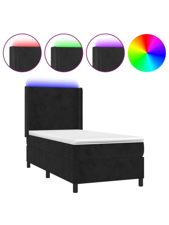 Atsperu gulta ar matraci, LED, melns samts, 100x200 cm