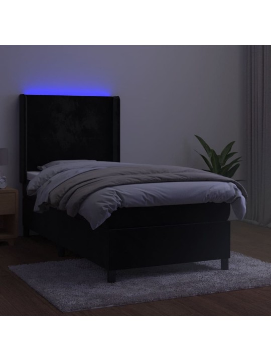 Atsperu gulta ar matraci, LED, melns samts, 100x200 cm