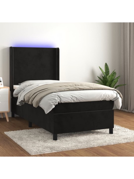 Atsperu gulta ar matraci, LED, melns samts, 100x200 cm