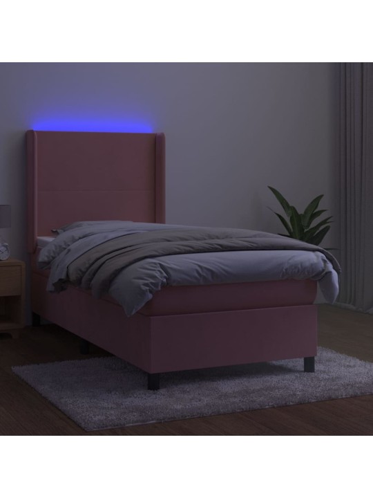Atsperu gulta ar matraci, LED, rozā samts, 100x200 cm