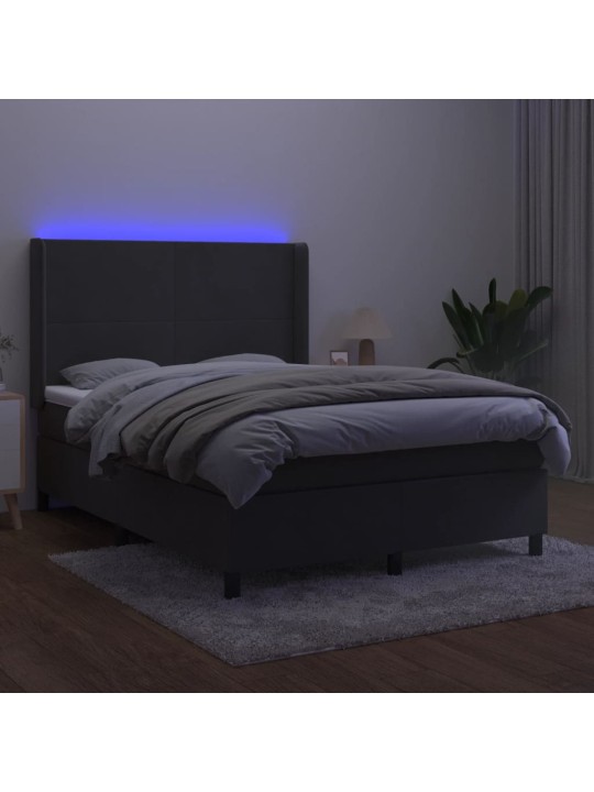 Atsperu gulta ar matraci, LED, tumši pelēks samts, 140x190 cm