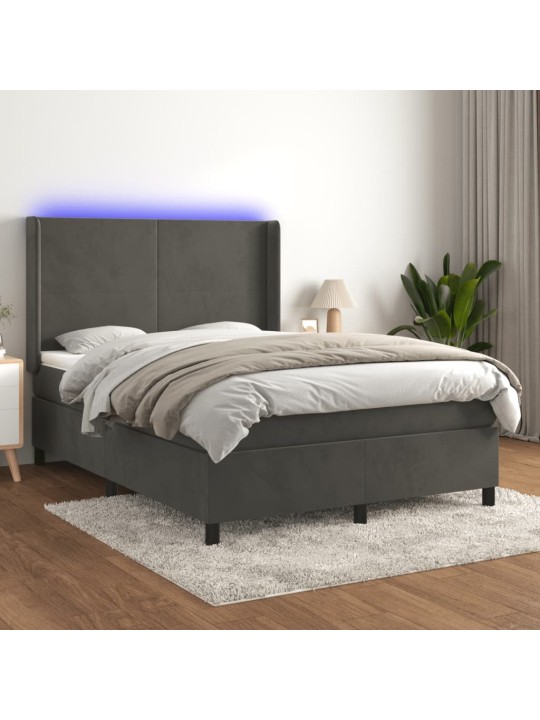 Atsperu gulta ar matraci, LED, tumši pelēks samts, 140x190 cm