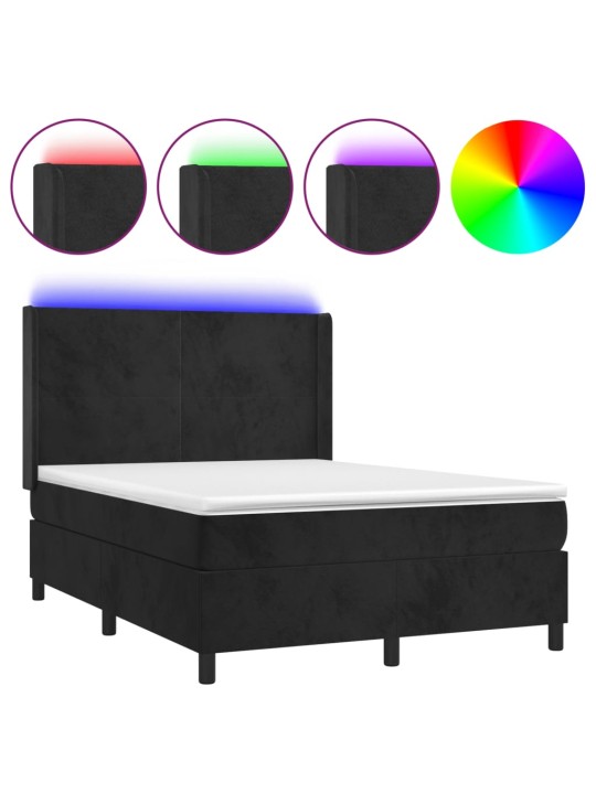 Atsperu gulta ar matraci, LED, melns samts, 140x190 cm