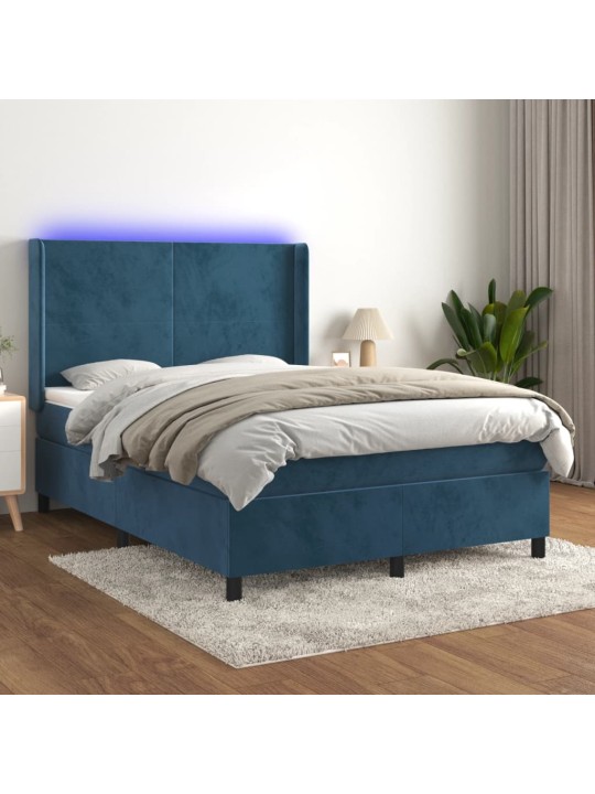 Atsperu gulta ar matraci, LED, tumši zils samts, 140x190 cm