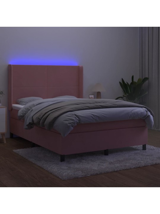 Atsperu gulta ar matraci, led, rozā samts, 140x190 cm