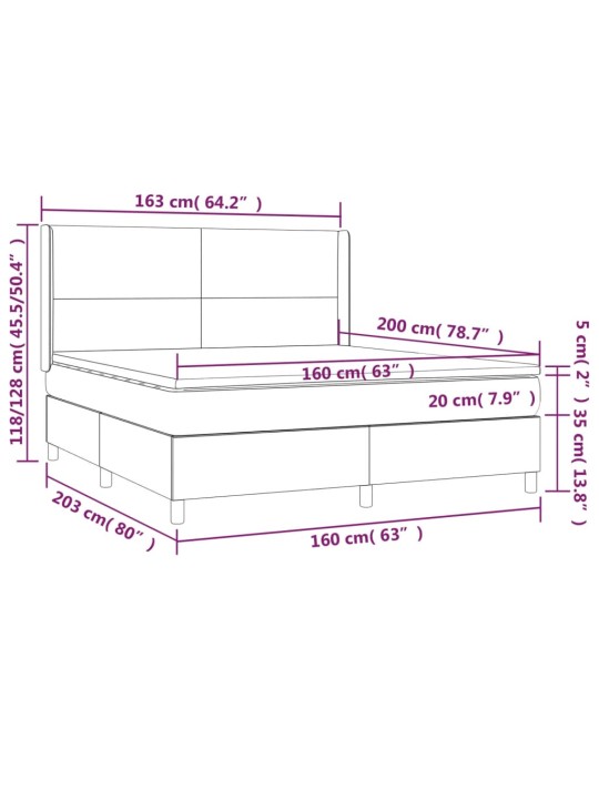 Atsperu gulta ar matraci, LED, melns samts, 160x200 cm