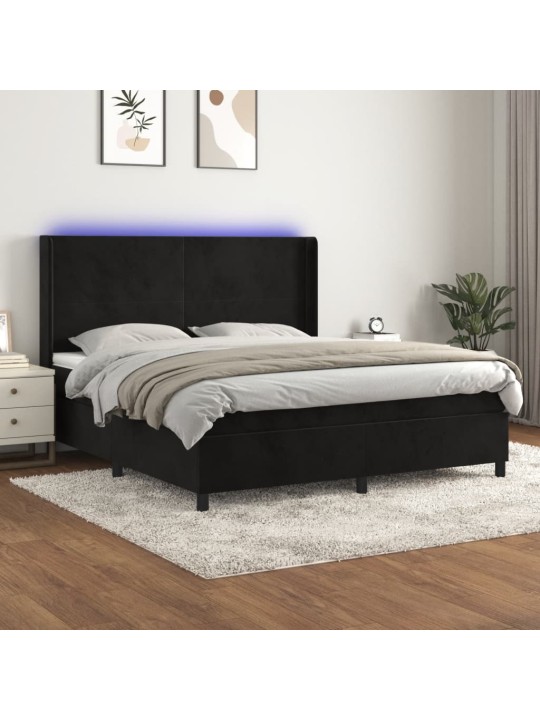 Atsperu gulta ar matraci, LED, melns samts, 160x200 cm