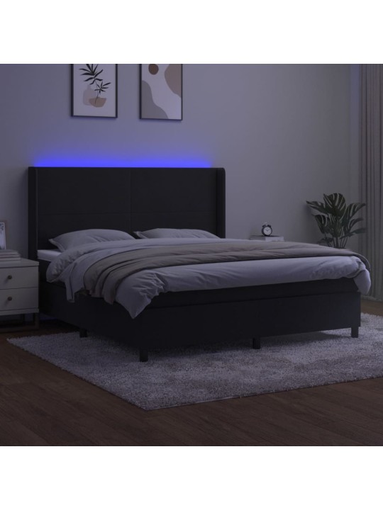 Atsperu gulta ar matraci, LED, melns samts, 180x200 cm
