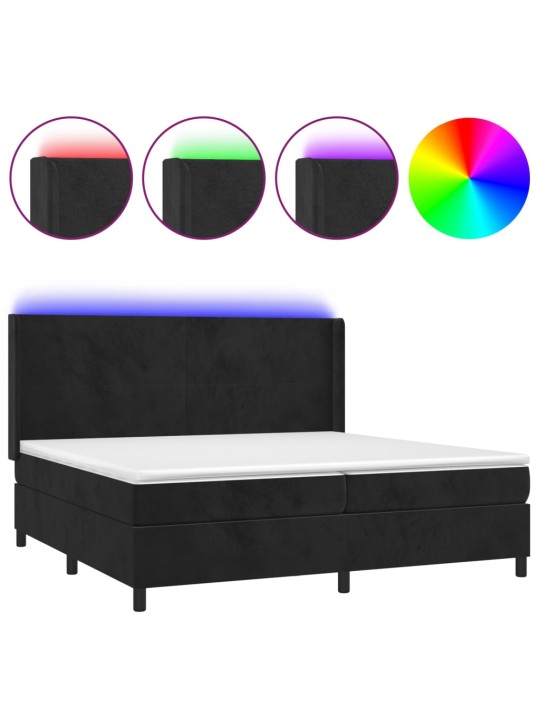 Atsperu gulta ar matraci, LED, melns samts, 200x200 cm