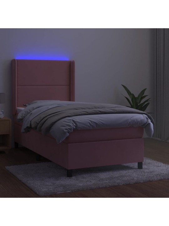 Atsperu gulta ar matraci, LED, rozā samts, 90x190 cm
