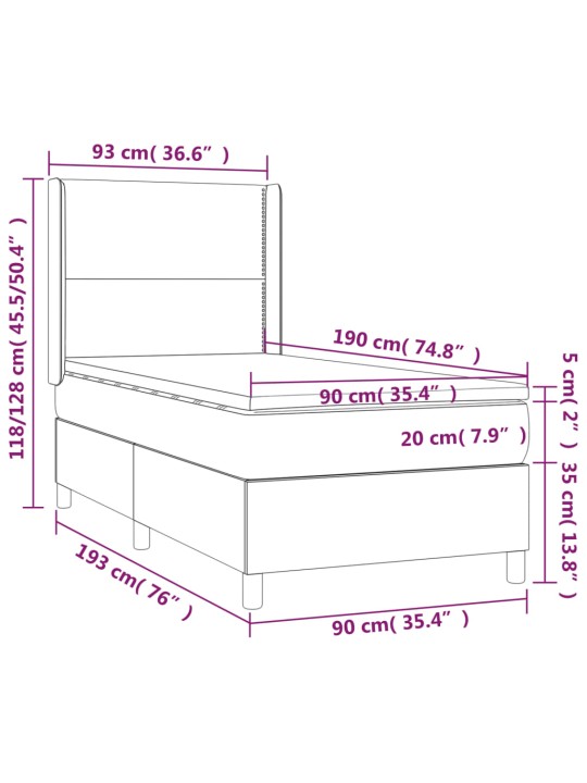 Atsperu gulta ar matraci, LED, rozā samts, 90x190 cm