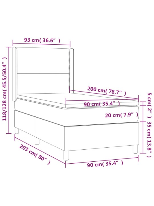 Atsperu gulta ar matraci, LED, rozā samts, 90x200 cm
