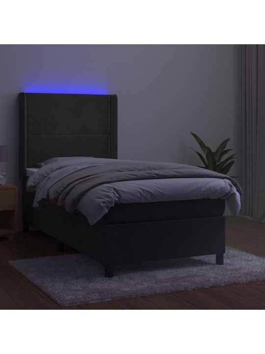 Atsperu gulta ar matraci, LED, tumši pelēks samts, 100x200 cm