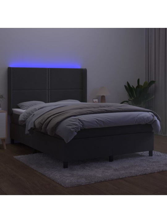 Atsperu gulta ar matraci, LED, tumši pelēks samts, 140x190 cm