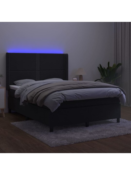 Atsperu gulta ar matraci, LED, melns samts, 140x190 cm