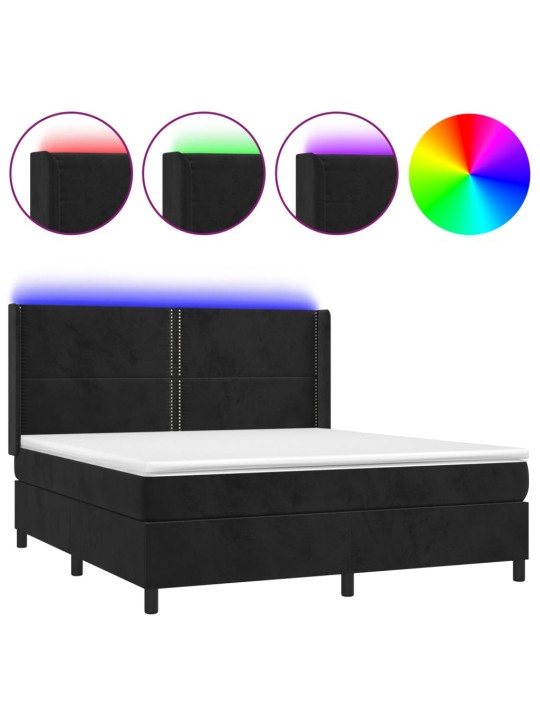 Atsperu gulta ar matraci, LED, melns samts, 180x200 cm
