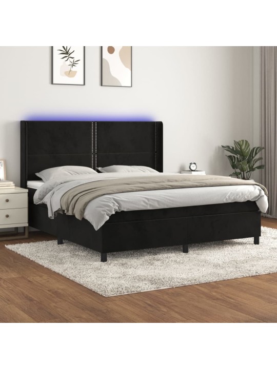 Atsperu gulta ar matraci, LED, melns samts, 180x200 cm