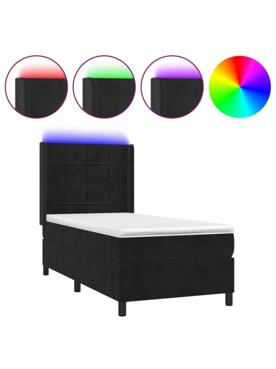 Atsperu gulta ar matraci, LED, melns samts, 100x200 cm