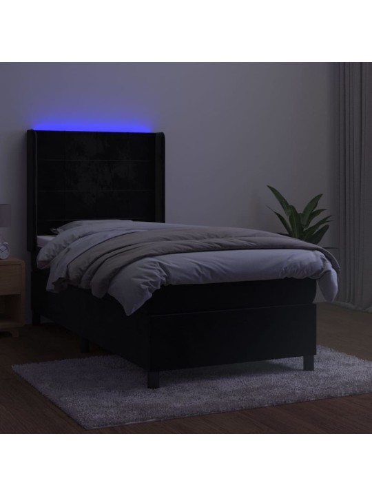 Atsperu gulta ar matraci, LED, melns samts, 100x200 cm