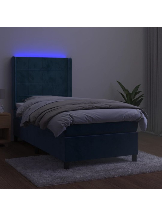 Atsperu gulta ar matraci, LED, tumši zils samts, 100x200 cm