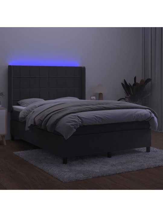 Atsperu gulta ar matraci, LED, tumši pelēks samts, 140x190 cm
