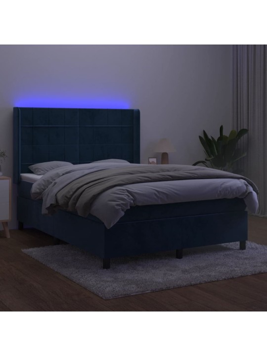 Atsperu gulta ar matraci, LED, tumši zils samts, 140x190 cm